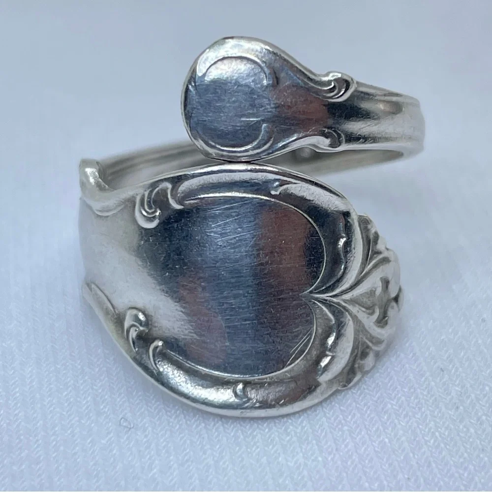 Vintage Spoon Stainless Steel Floral Scroll Wrap Ring Boho Modern Handmade Sz 7